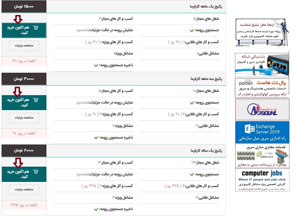 انواع پکیج های اشتراکی سایت کامپیوتر جابز برای کارفرما که می تواند آنها را با قیمت بسیار ارزان و پایین ترین نرخ تعرفه خریداری نموده و آگهی استخدام خود را ثبت کنند