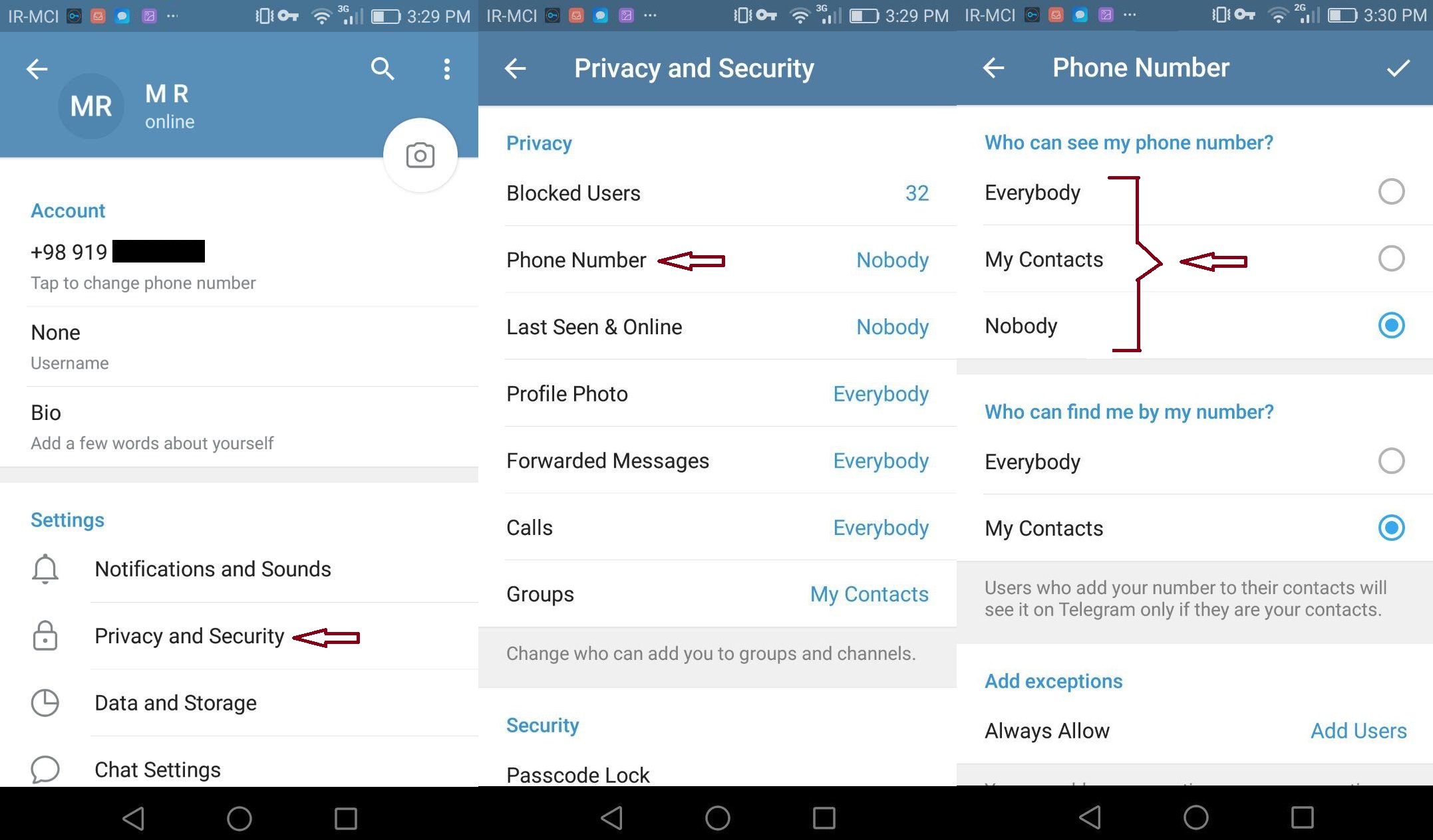 در آپدیت های جدید، در قسمت Privacy and Security تلگرام و در بخش Phone Number ما میتوانیم تعیین کنیم که چه کسانی بتوانند شماره موبایل مان را ببینند. در آنجا سه گزینه وجود دارد که با تغییر آنها میتوانیم شماره خودمان را برای همه یا مخاطبین خودمان نشان دهیم و یا گزینه سوم را انتخاب کنیم که شماره تلفن همراه ما برای هیچکس به نمایش در نیاید.