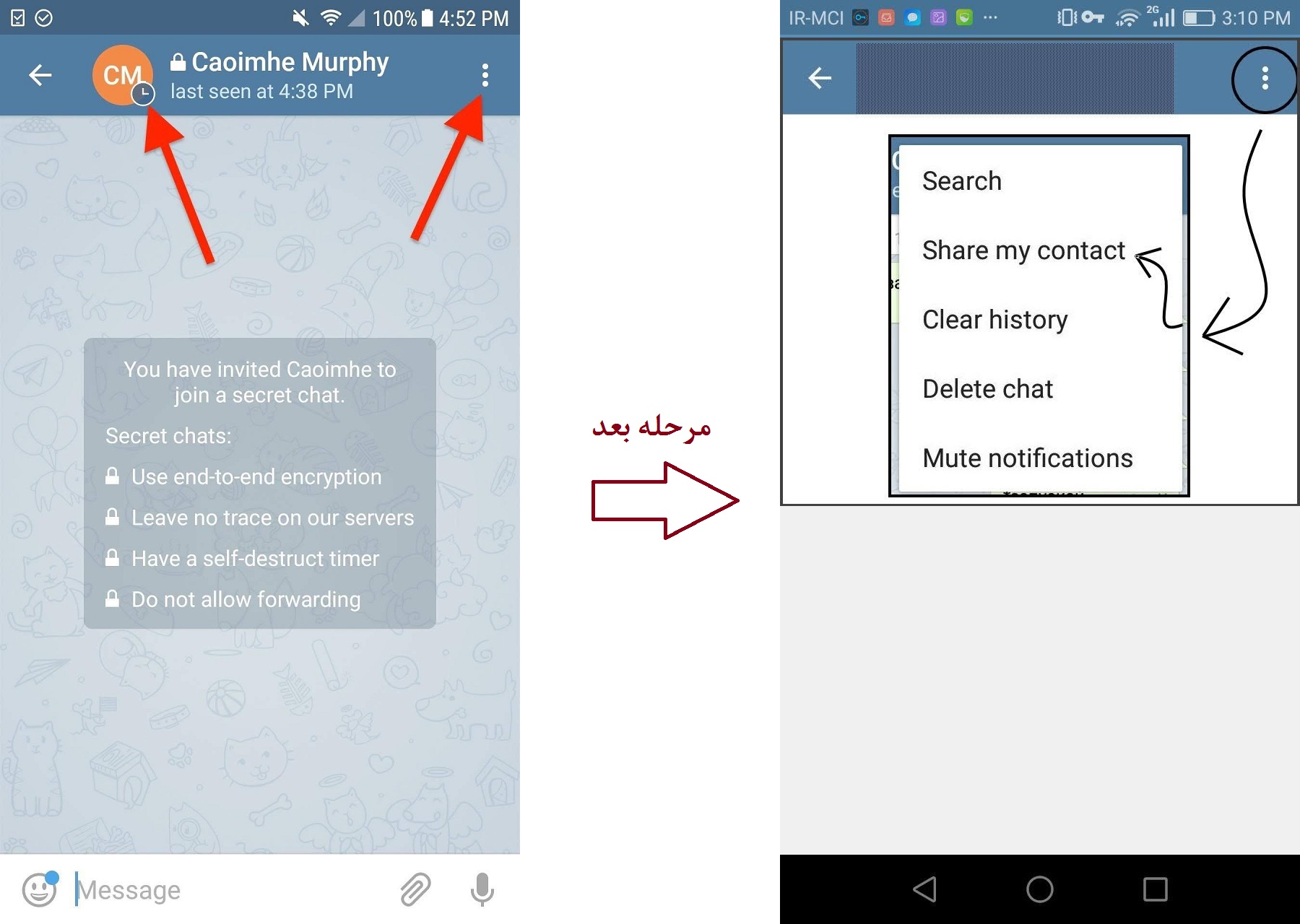 برای آنکه بفهیم چه کسی شماره موبایل مان را بر روی گوشی تلفن خود سیو کرده است در تلگرام Telegram وجود دارد که به این ترتیب است که به صفحه فرد مورد نظر جهت ارسال پیام رفته و در آنجا بر روی حالا بالای صفحه سمت سه تا نقطه موجود در بالای صفحه ضربه زده تا پنجره ای باز شود. چنانچه گزینه Share my contact را مشاهده کردید یعنی طرف مقابل شماره شما رو ذخیره نکرده است.